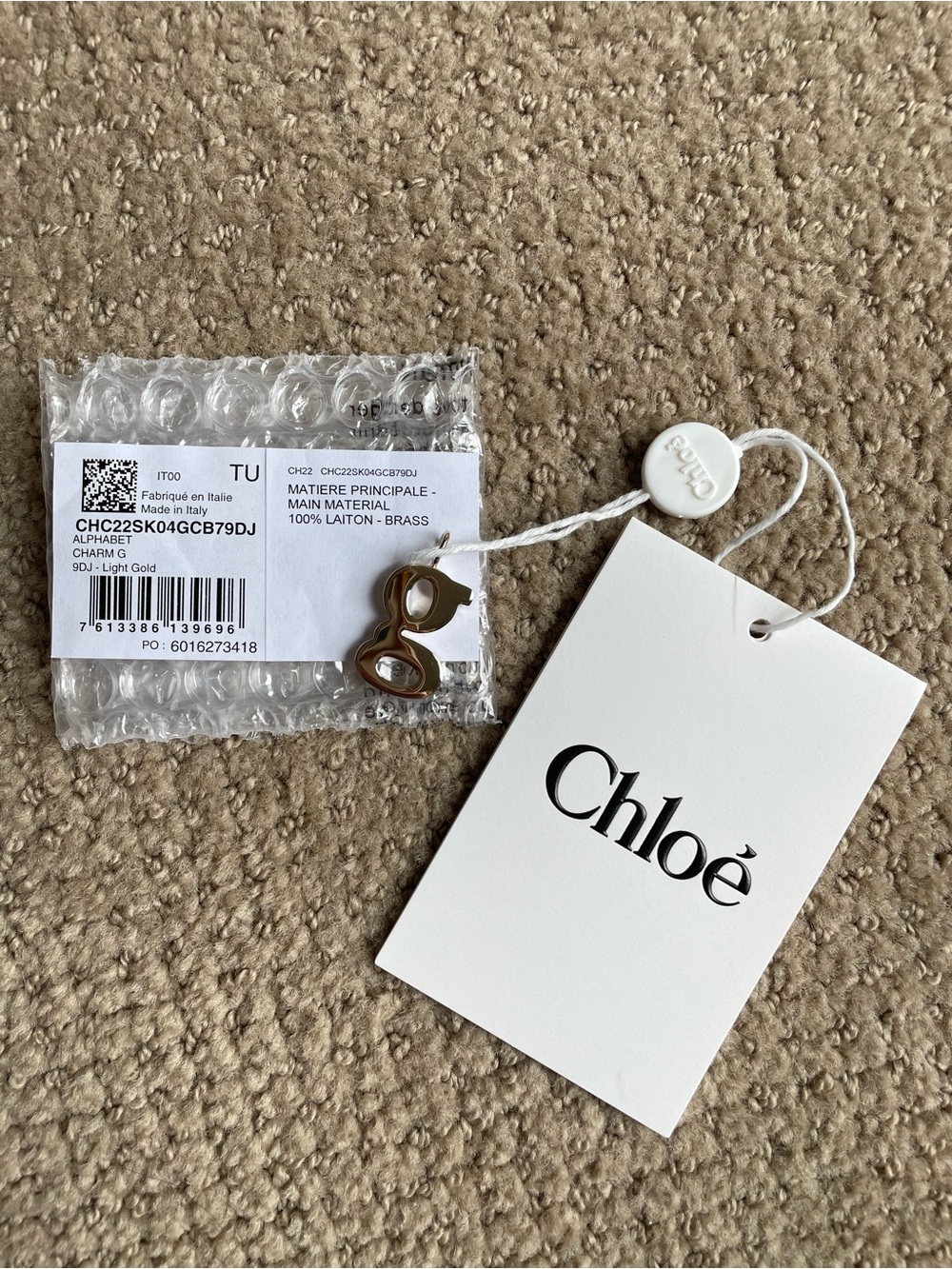 NWT Chloé Alphabet "g" Charm Light Gold Initial Charm Made in Italy